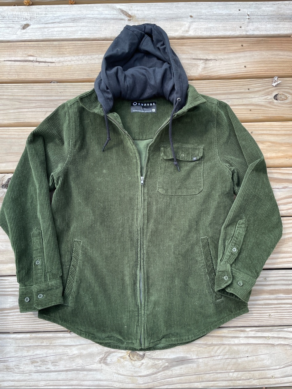 Empyre Men’s Green Corduroy Zipper Jacket With Hoodie Sz Medium